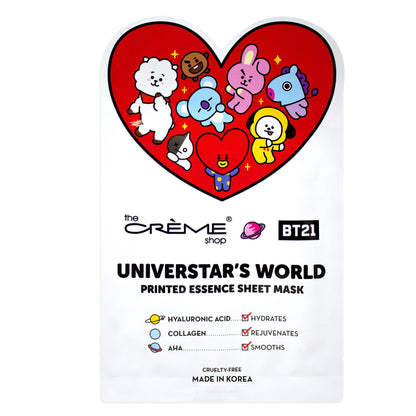 UNIVERSTAR’S WORLD Printed Essence Sheet Mask - Infused with Hyaluronic Acid, Collagen, AHA Sheet masks The Crème Shop x BT21 